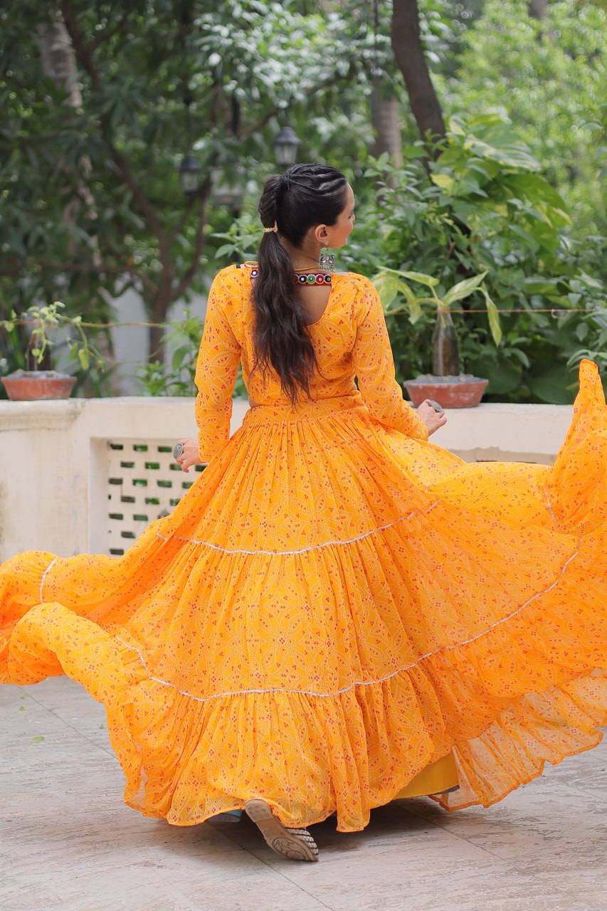 Georgette Bandhej Print Frill Lehenga