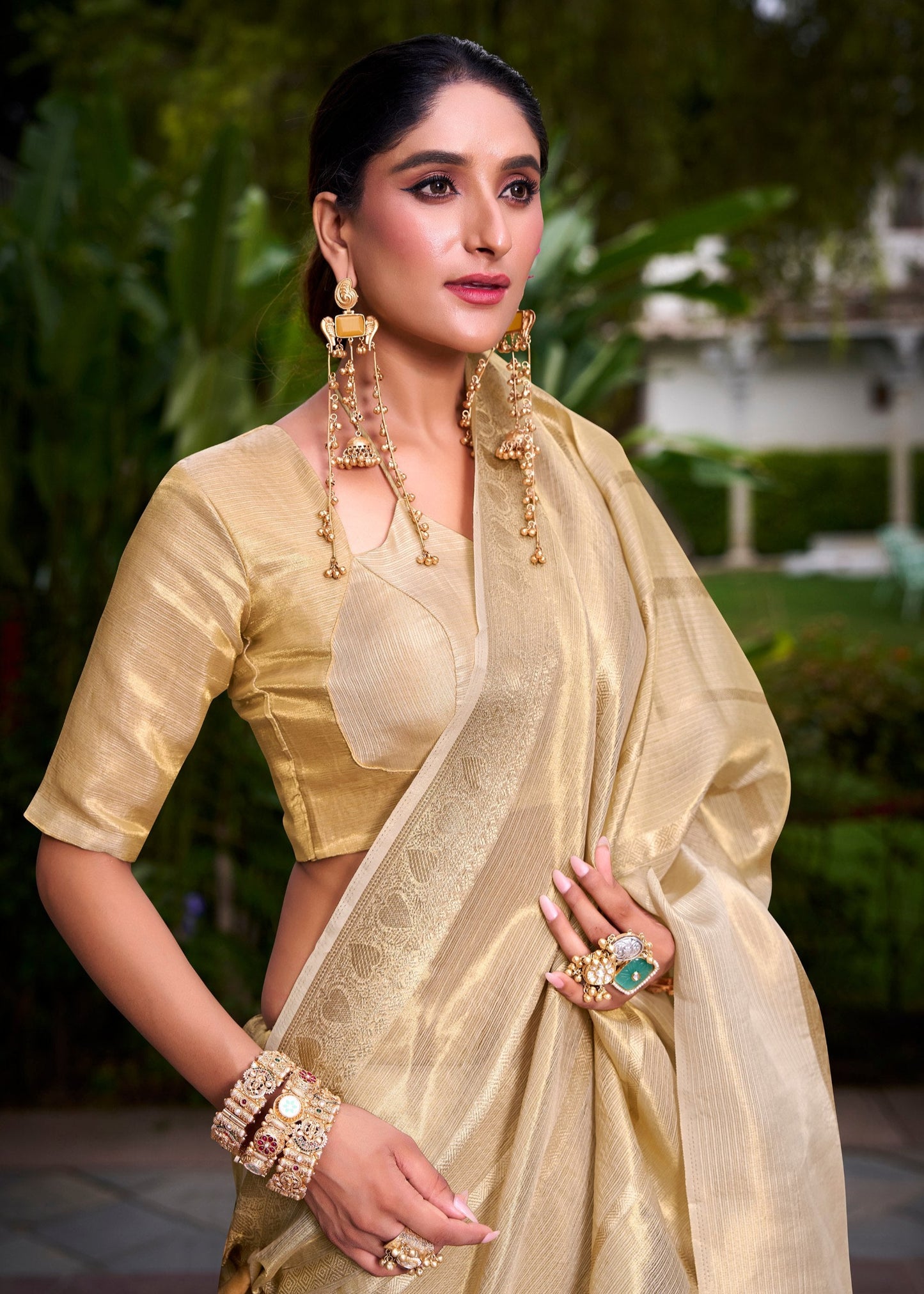 Soft Golden Tissue Saree Set