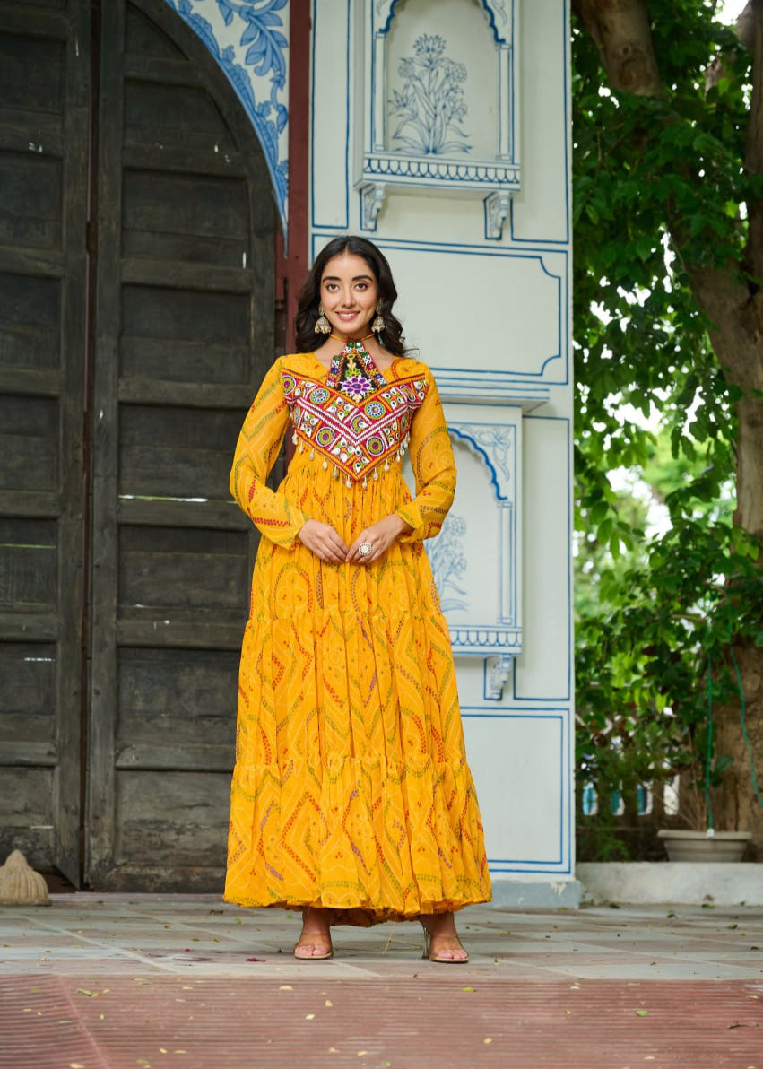Patch Work Neck Bandhani Flared Gown