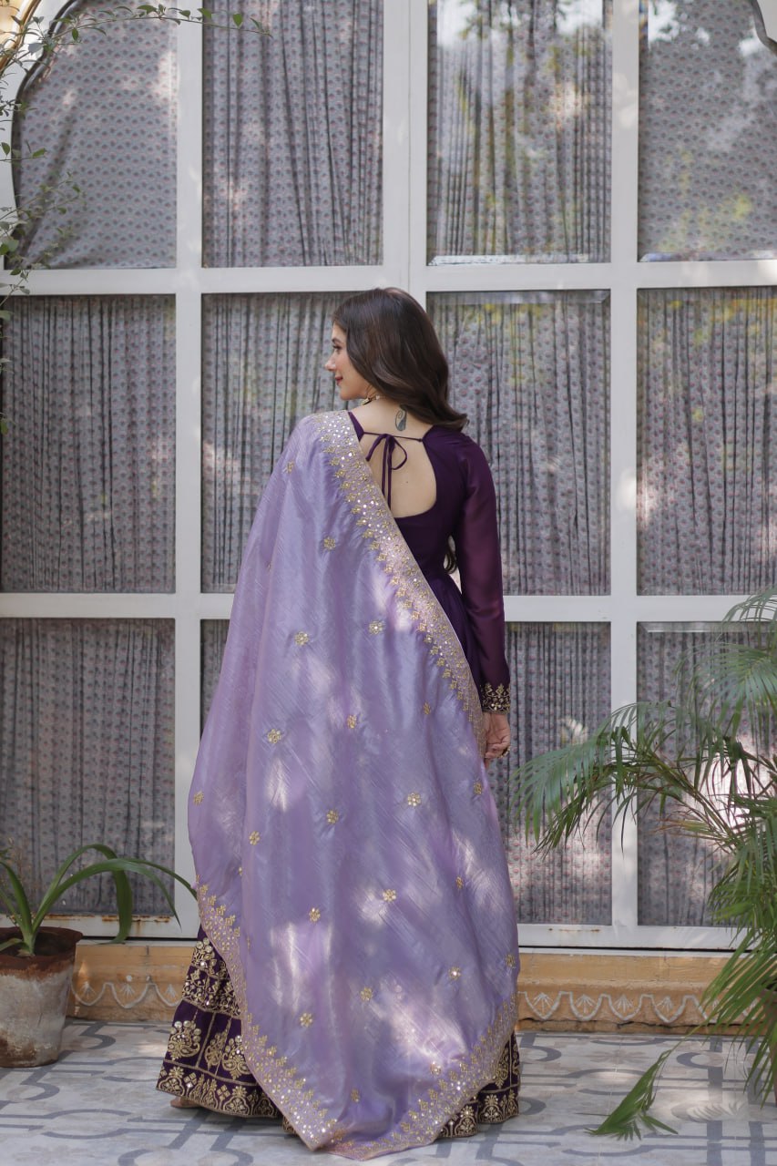 Purple Sequins Embroidered Gown With Dupatta