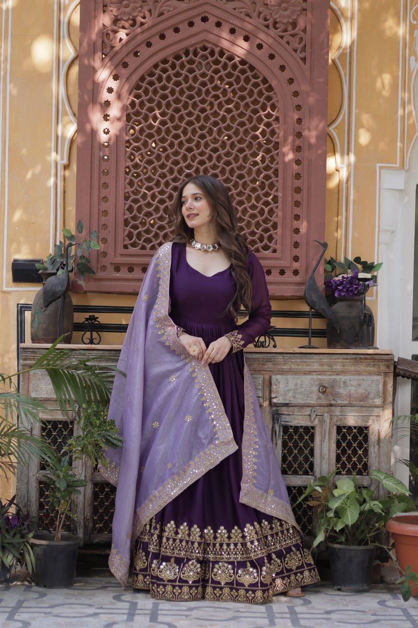 Purple Sequins Embroidered Gown With Dupatta