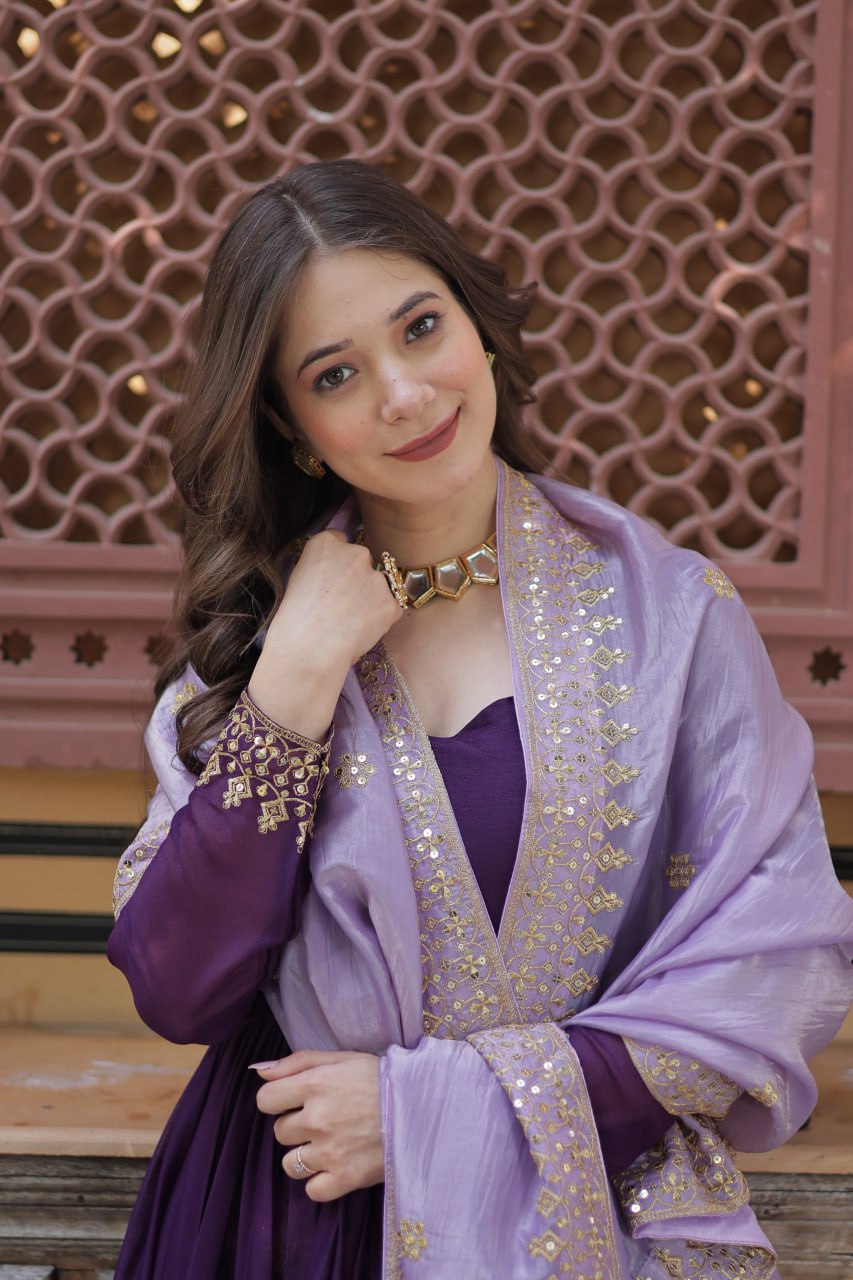 Purple Sequins Embroidered Gown With Dupatta