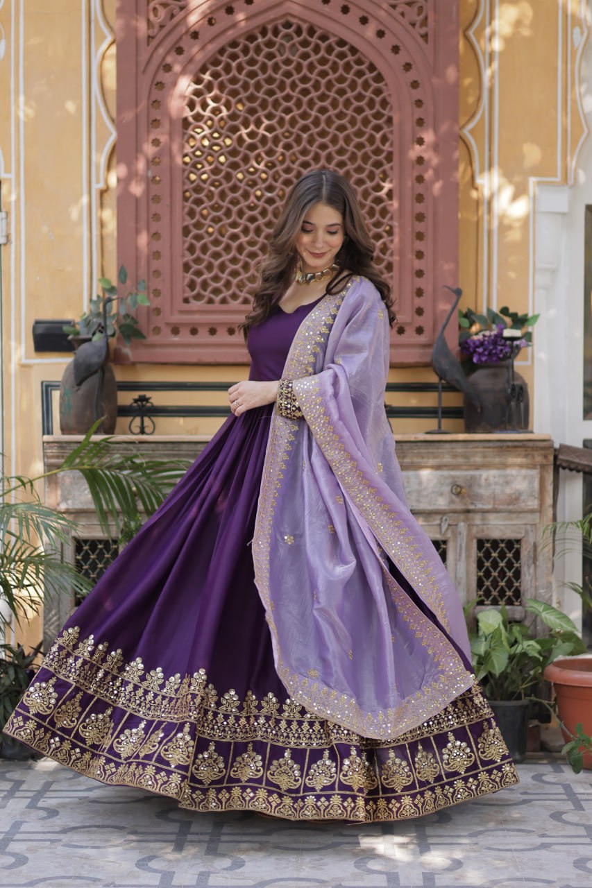 Purple Sequins Embroidered Gown With Dupatta