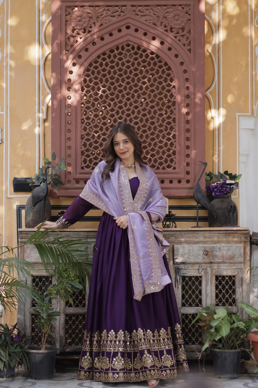 Purple Sequins Embroidered Gown With Dupatta