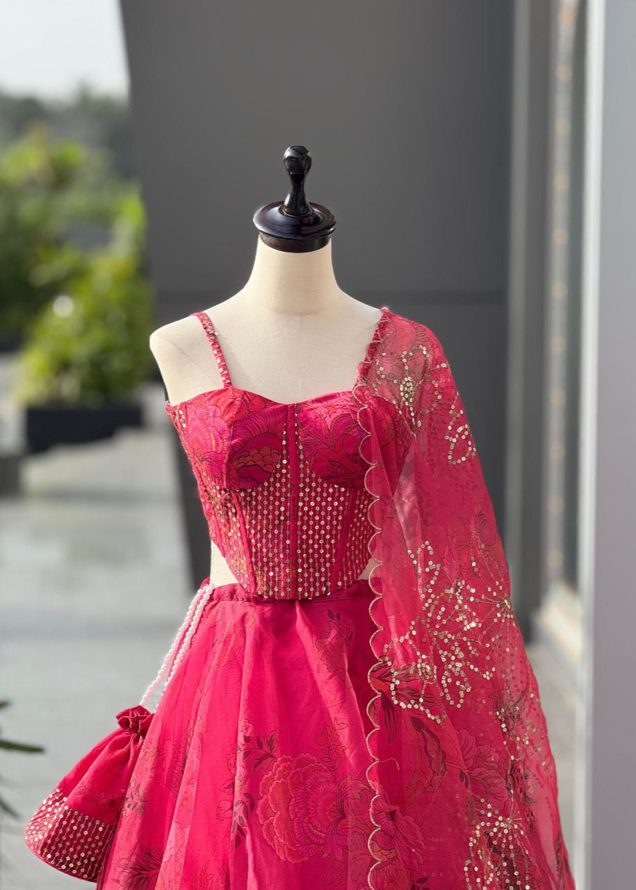 Corset Blouse Organza Lehenga Set