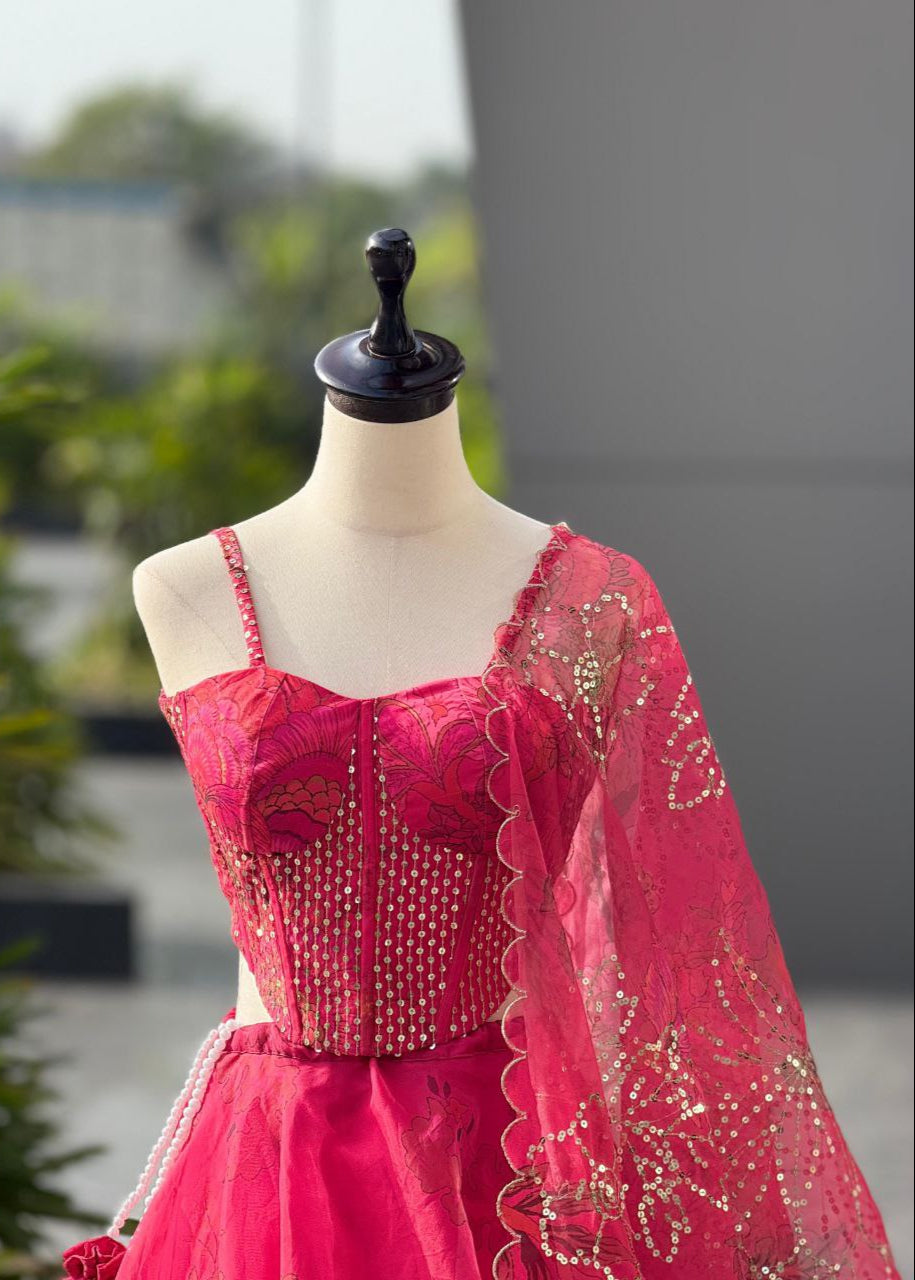 Corset Blouse Organza Lehenga Set