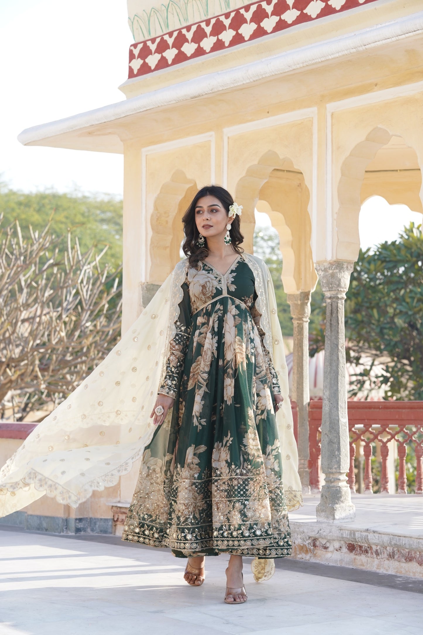 Green Alia Cut Printed Gown