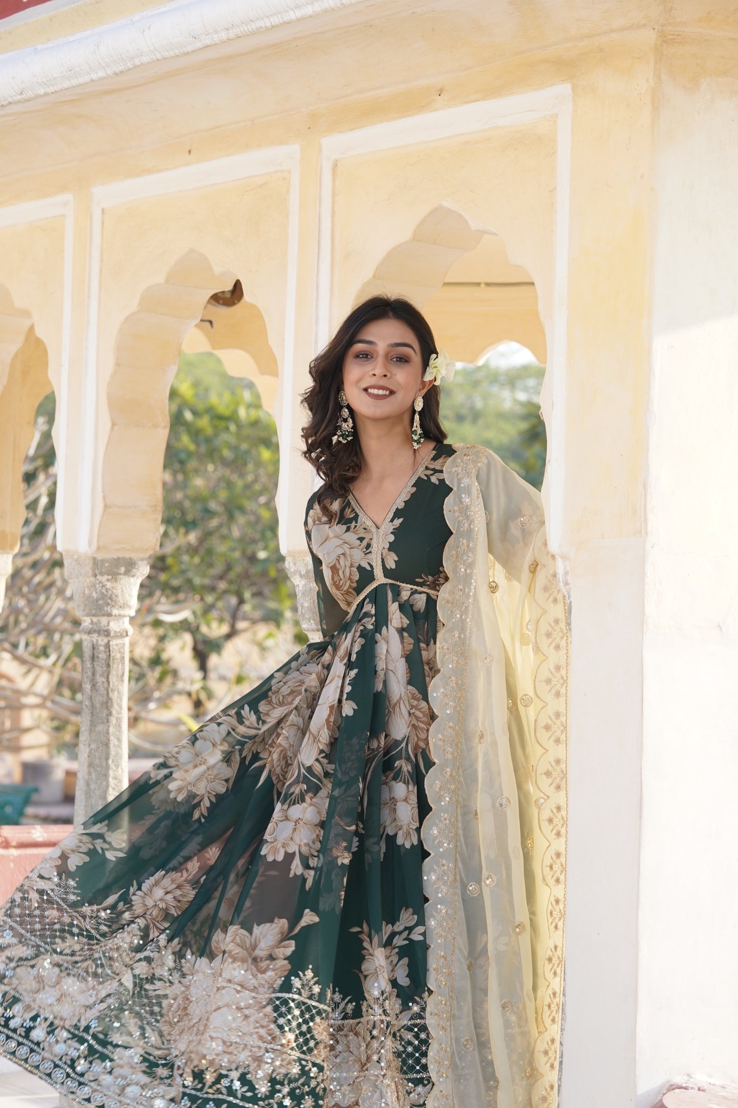 Green Alia Cut Printed Gown
