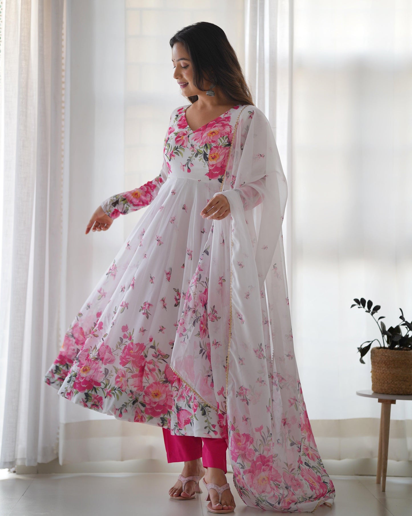White & Pink floral Organza Anarkali - Gracious You