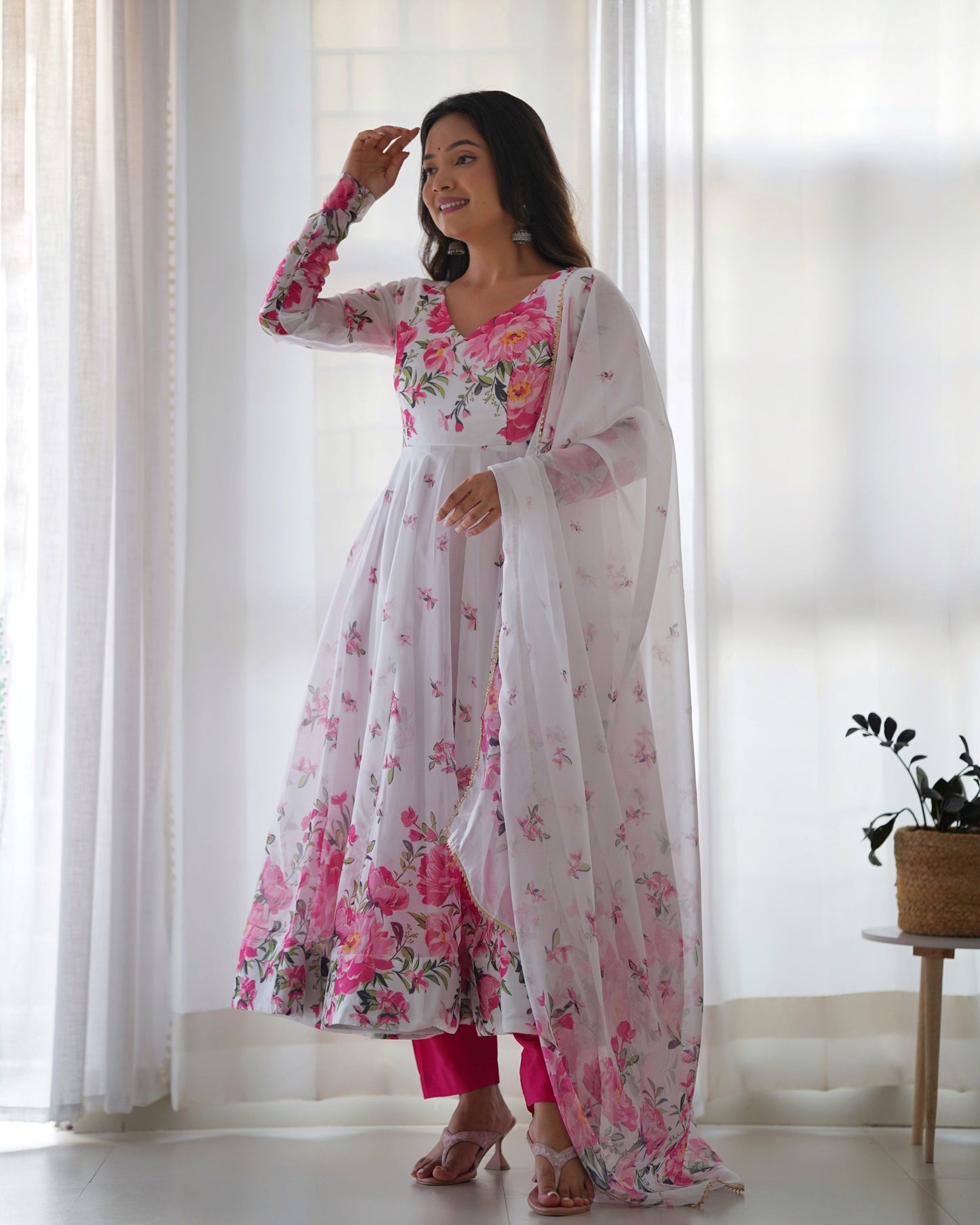 White & Pink floral Organza Anarkali - Gracious You
