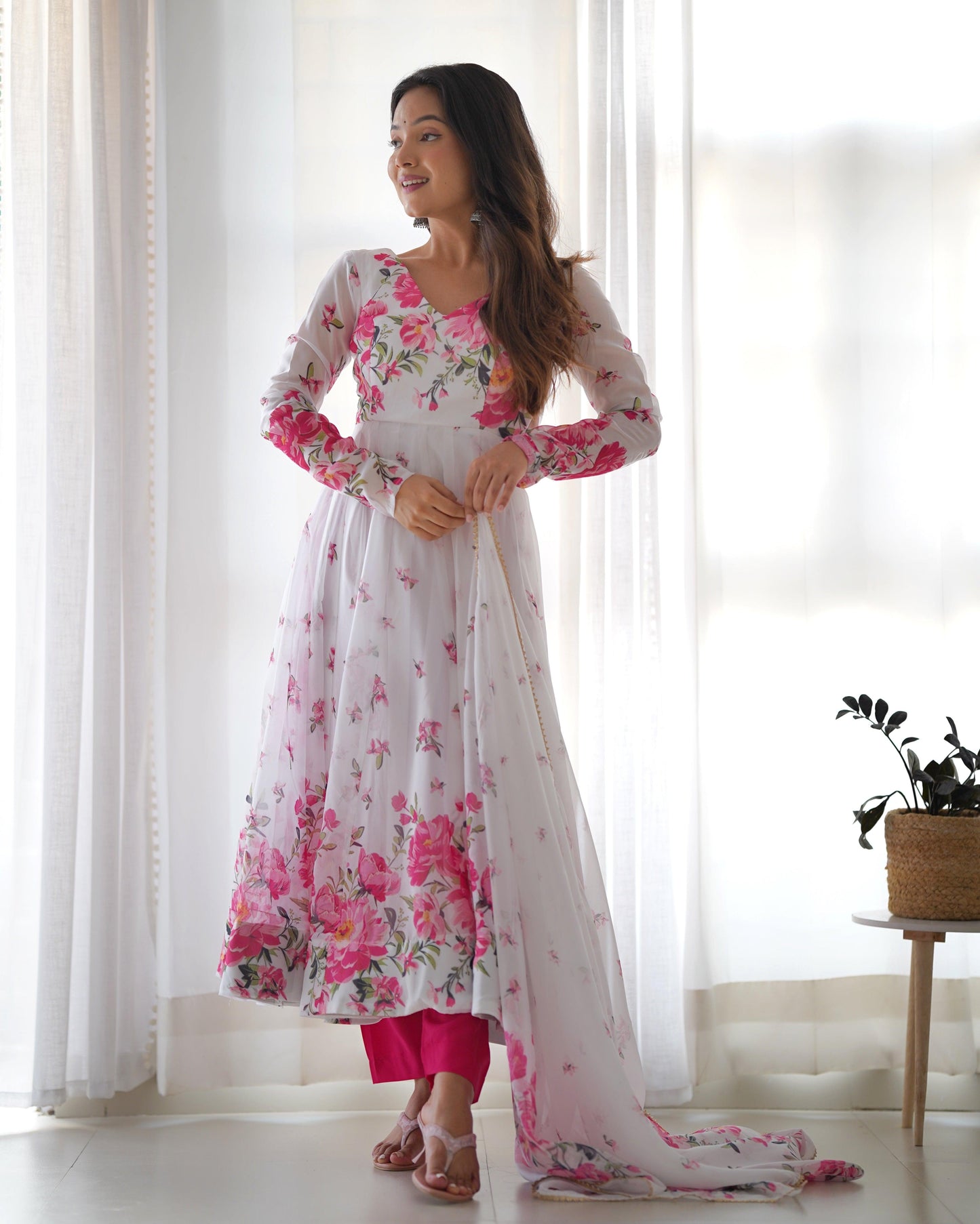White & Pink floral Organza Anarkali - Gracious You