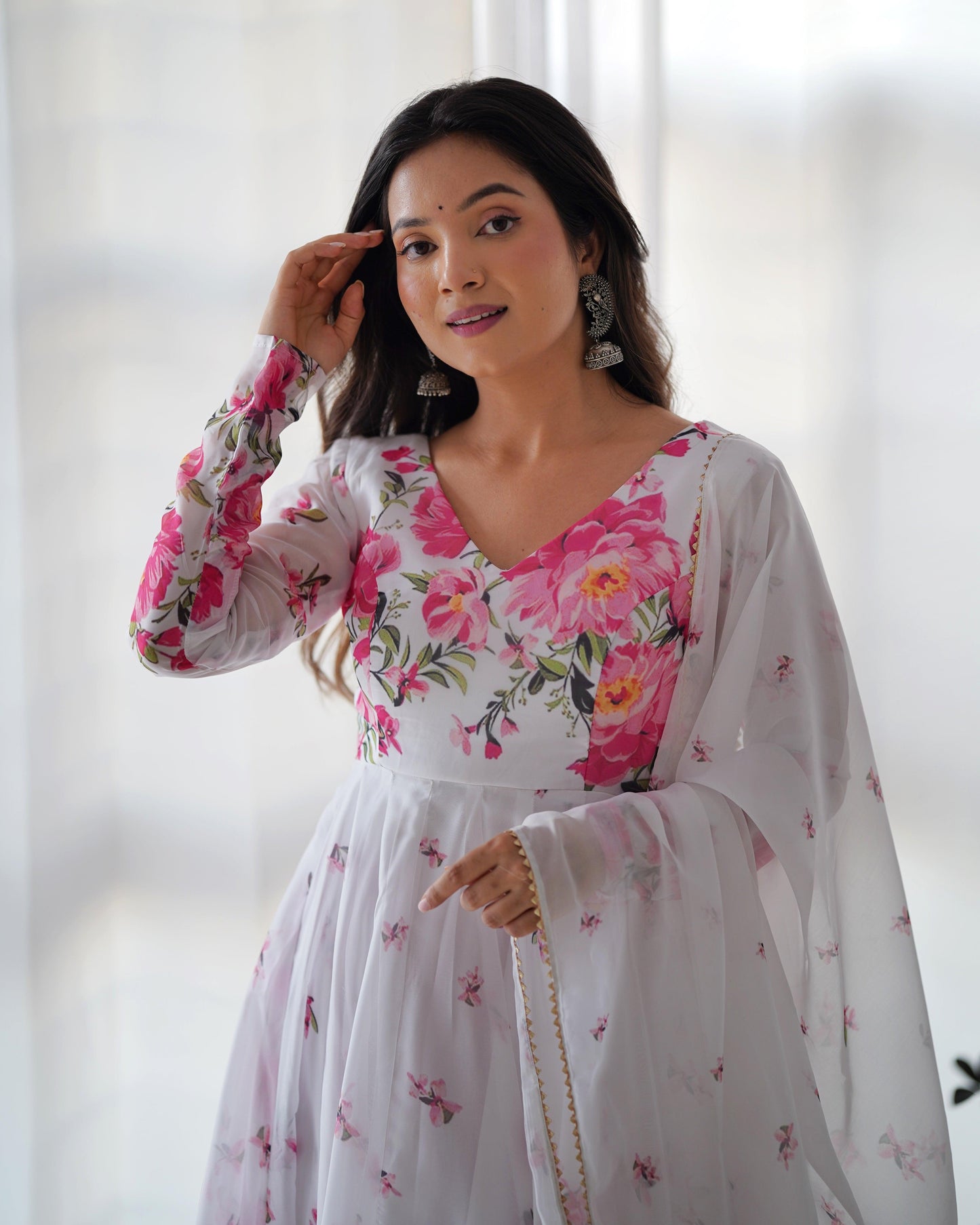 White & Pink floral Organza Anarkali - Gracious You