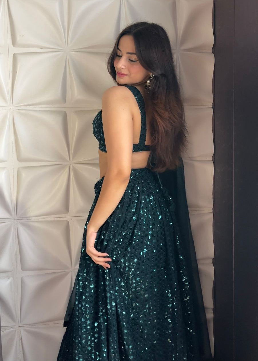 Emerald Green Lehenga with Glittering Sequins