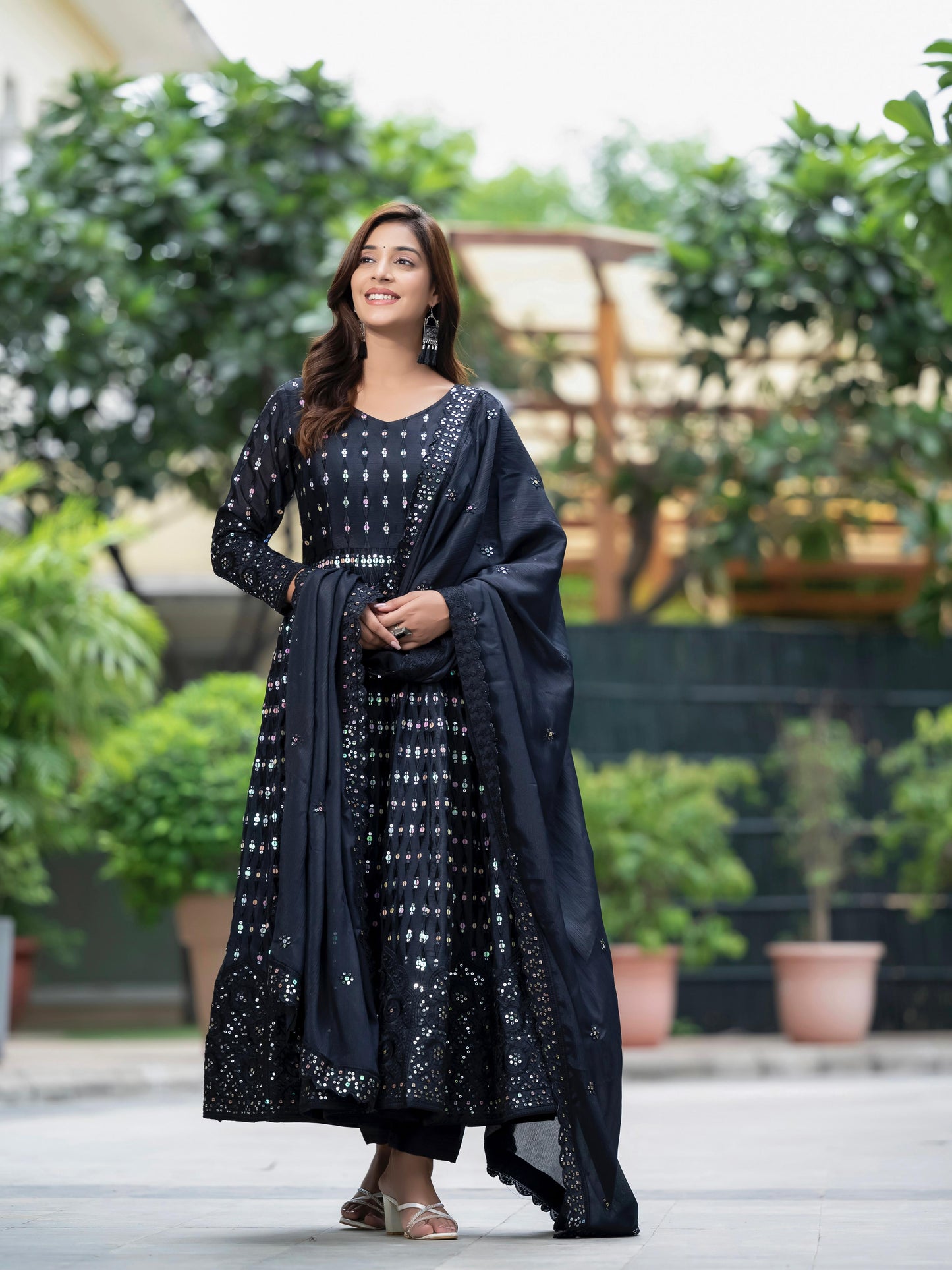 Sequins Sparkle Black Anarkali Kurti Set