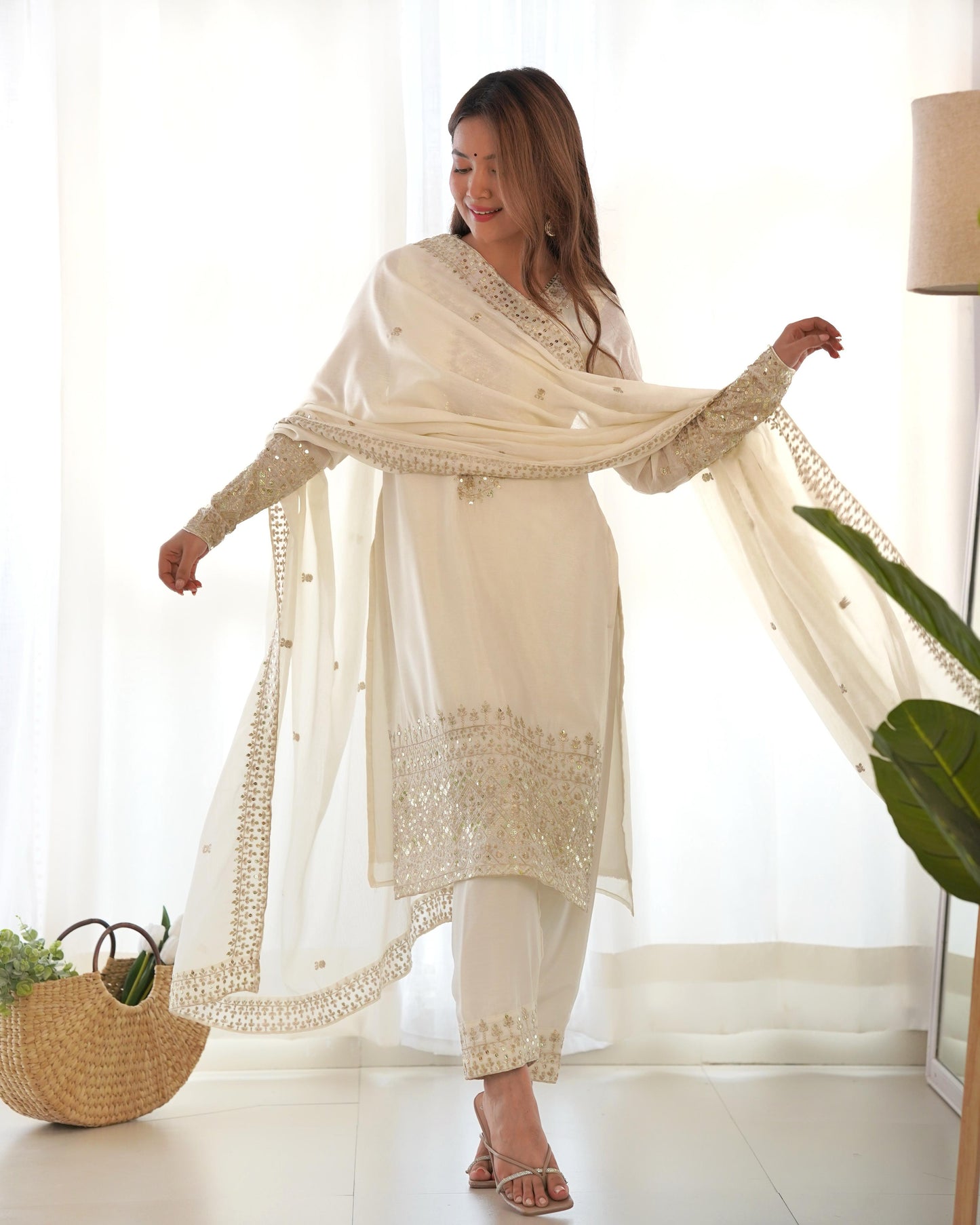 White Chinnon Silk Embroidered Kurta Set