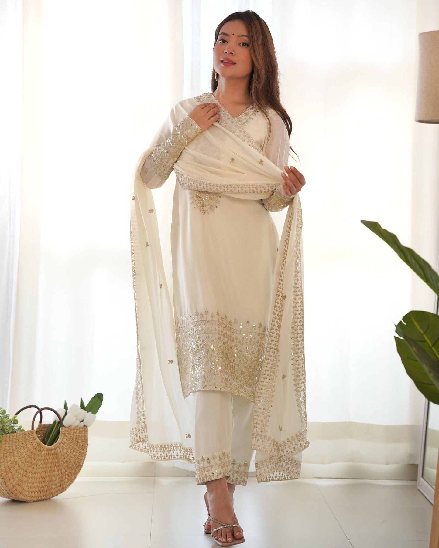 White Chinnon Silk Embroidered Kurta Set