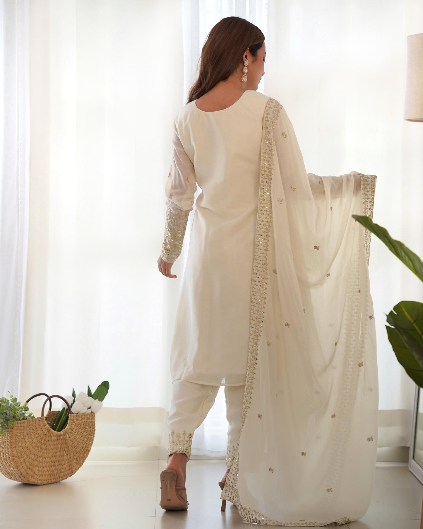 White Chinnon Silk Embroidered Kurta Set