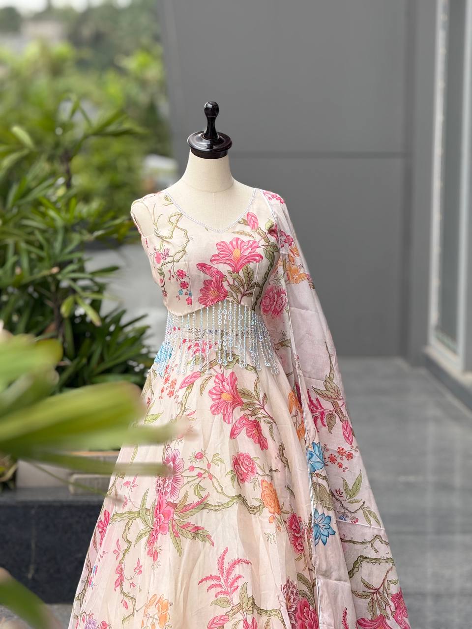 Pastel Print Organza Lehenga Look