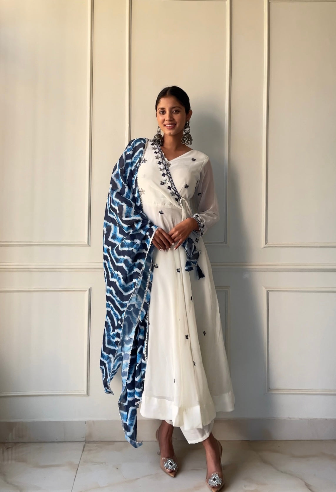 White Anarkali Suit With Indigo Dupatta Gracious You White Anarkali Suit With Indigo Dupatta Gracious You