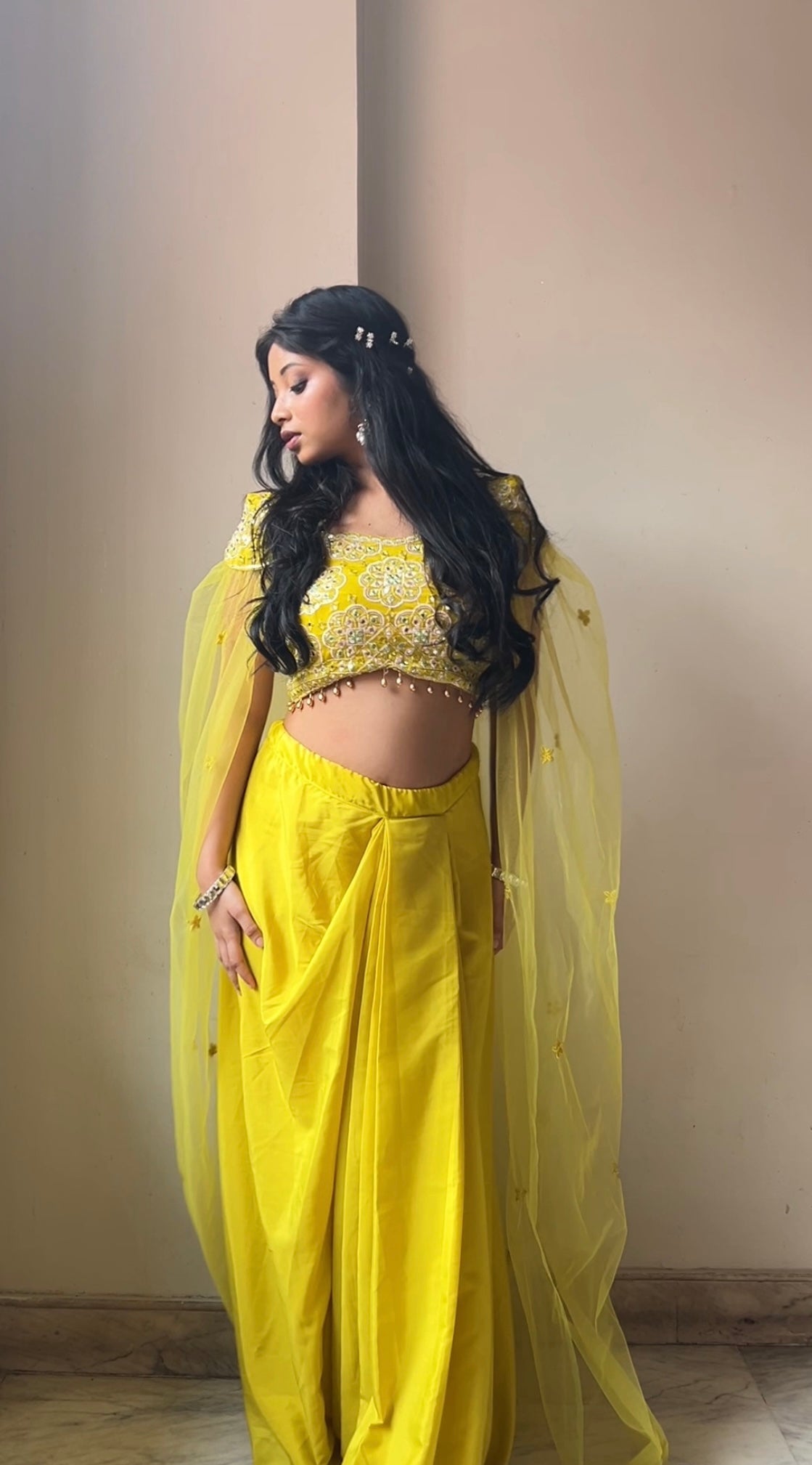 Luminous Yellow Dhoti Set & Shrug