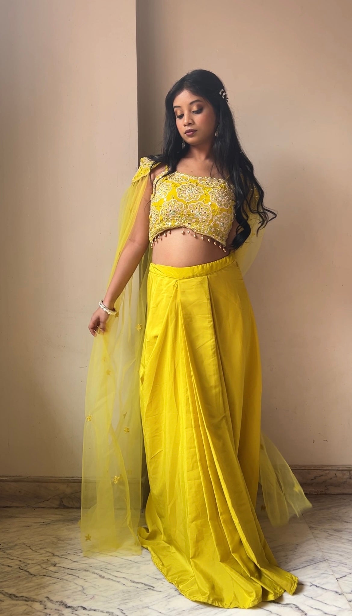 Luminous Yellow Dhoti Set & Shrug