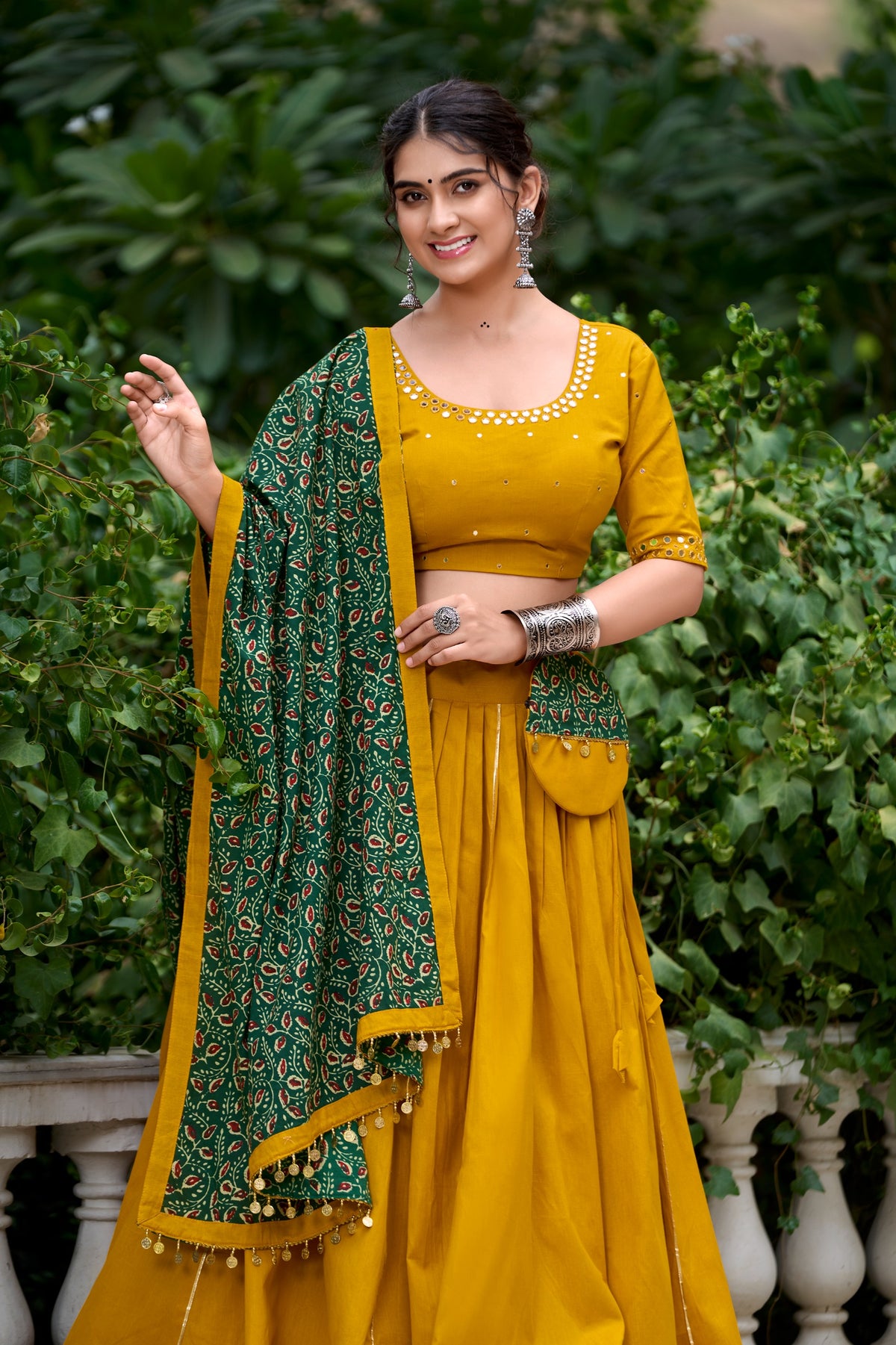 Chaithra Mustard Cotton Navratri Lehenga Set with Purse