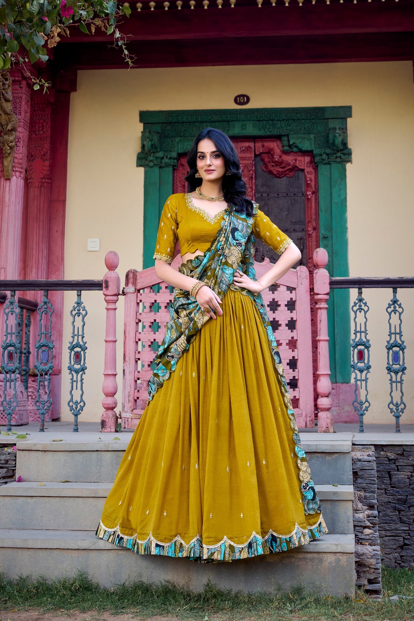 Vichitra Silk Kalamkari Print Lehenga