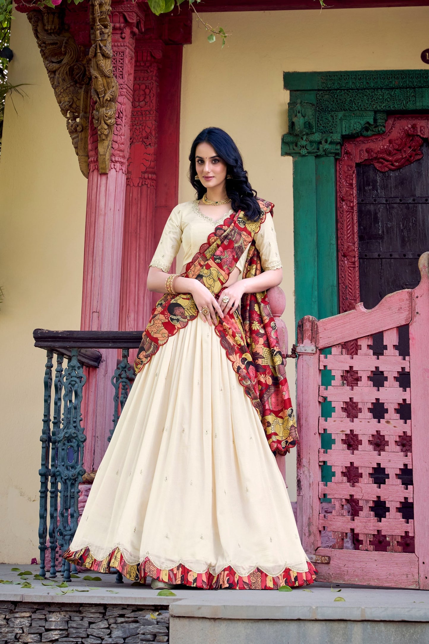 Vichitra Silk Kalamkari Print Lehenga