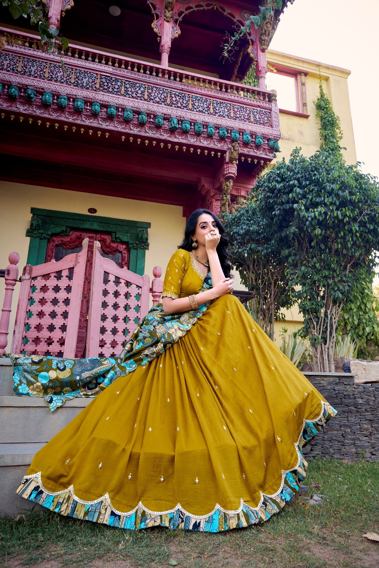 Vichitra Silk Kalamkari Print Lehenga