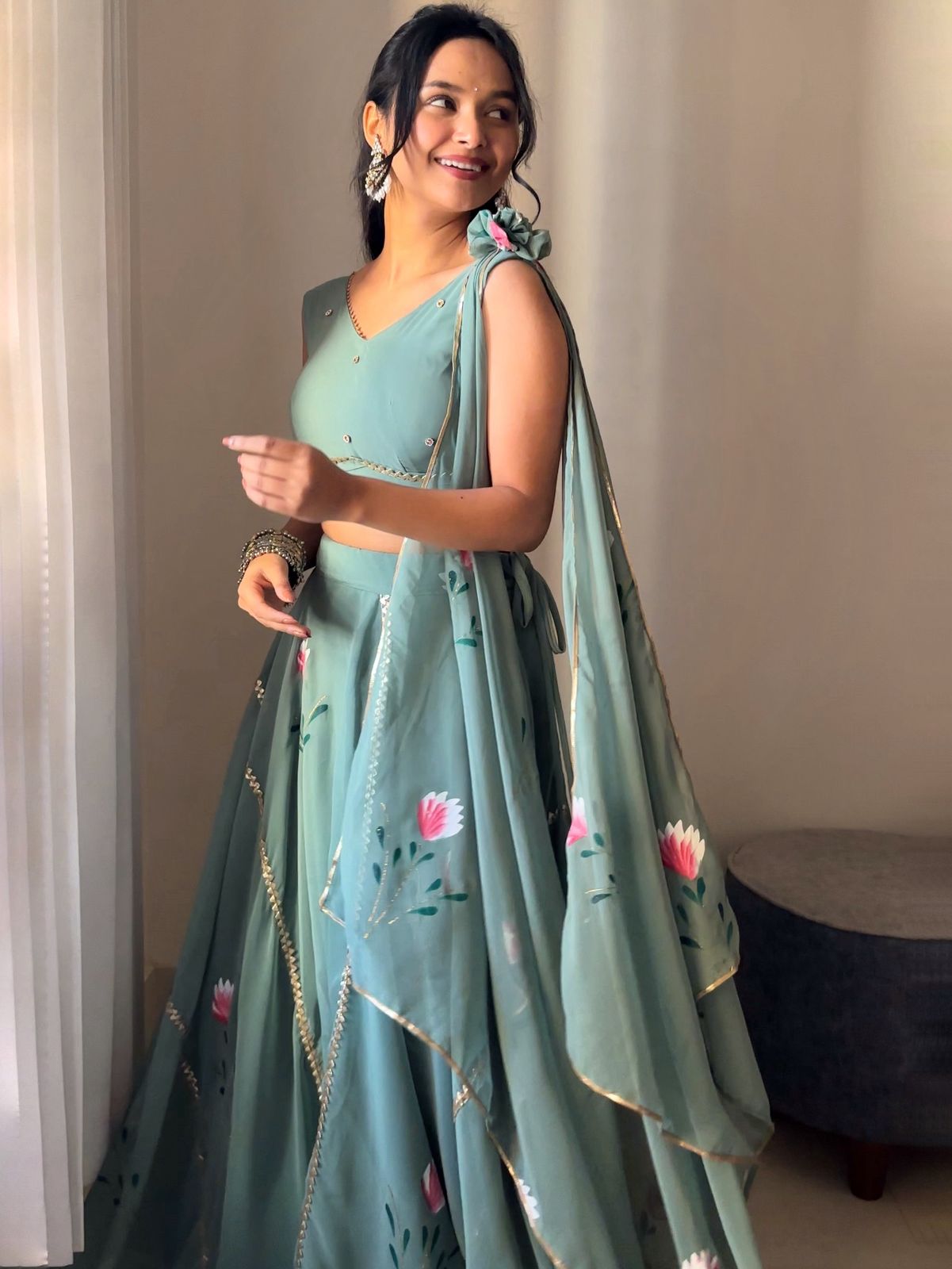 Soft Green Hand-Painted Georgette Lehenga