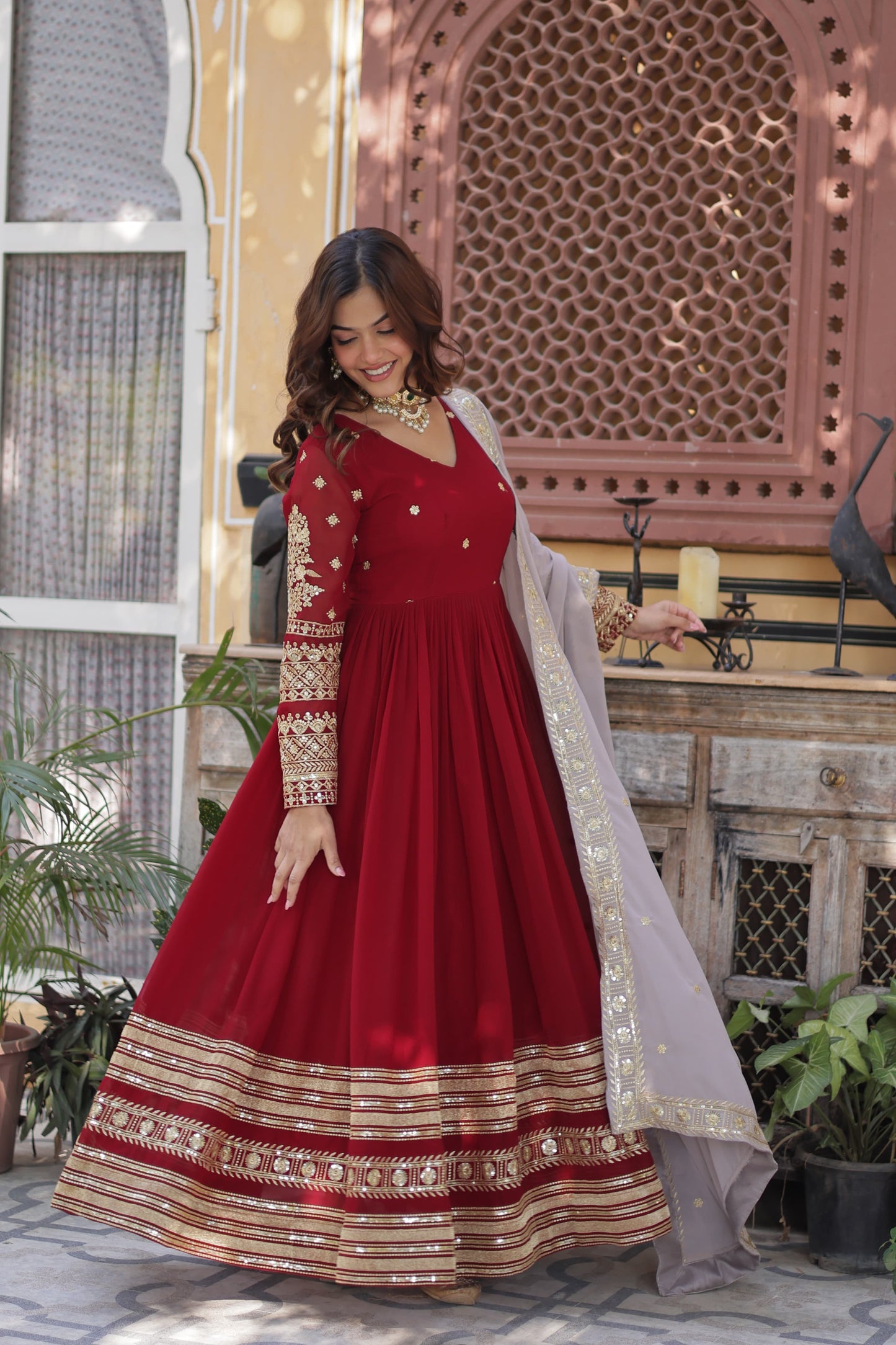 Crimson Red Flair Gown With Dupatta