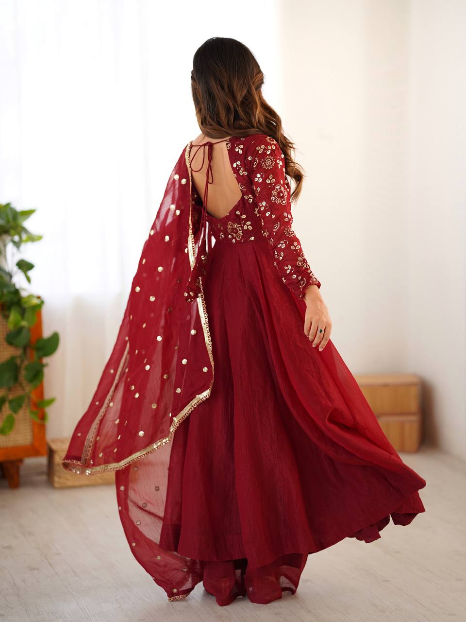 Deep Red Embroidered Flared Gown Set