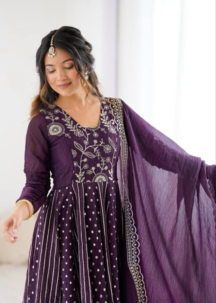 Purple Embellished Anarkali Gown Set