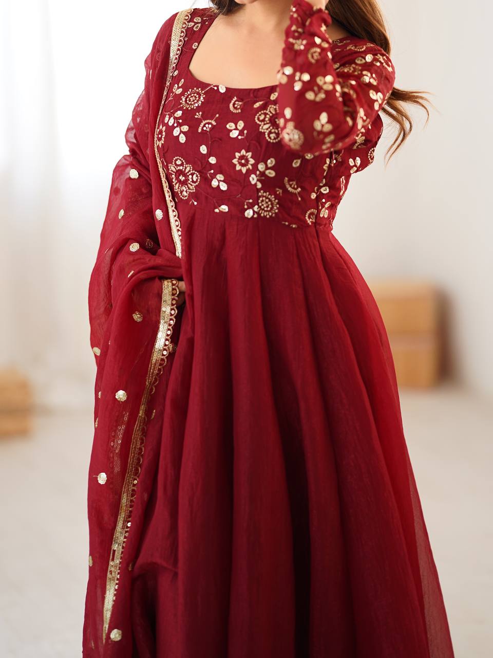 Deep Red Embroidered Flared Gown Set