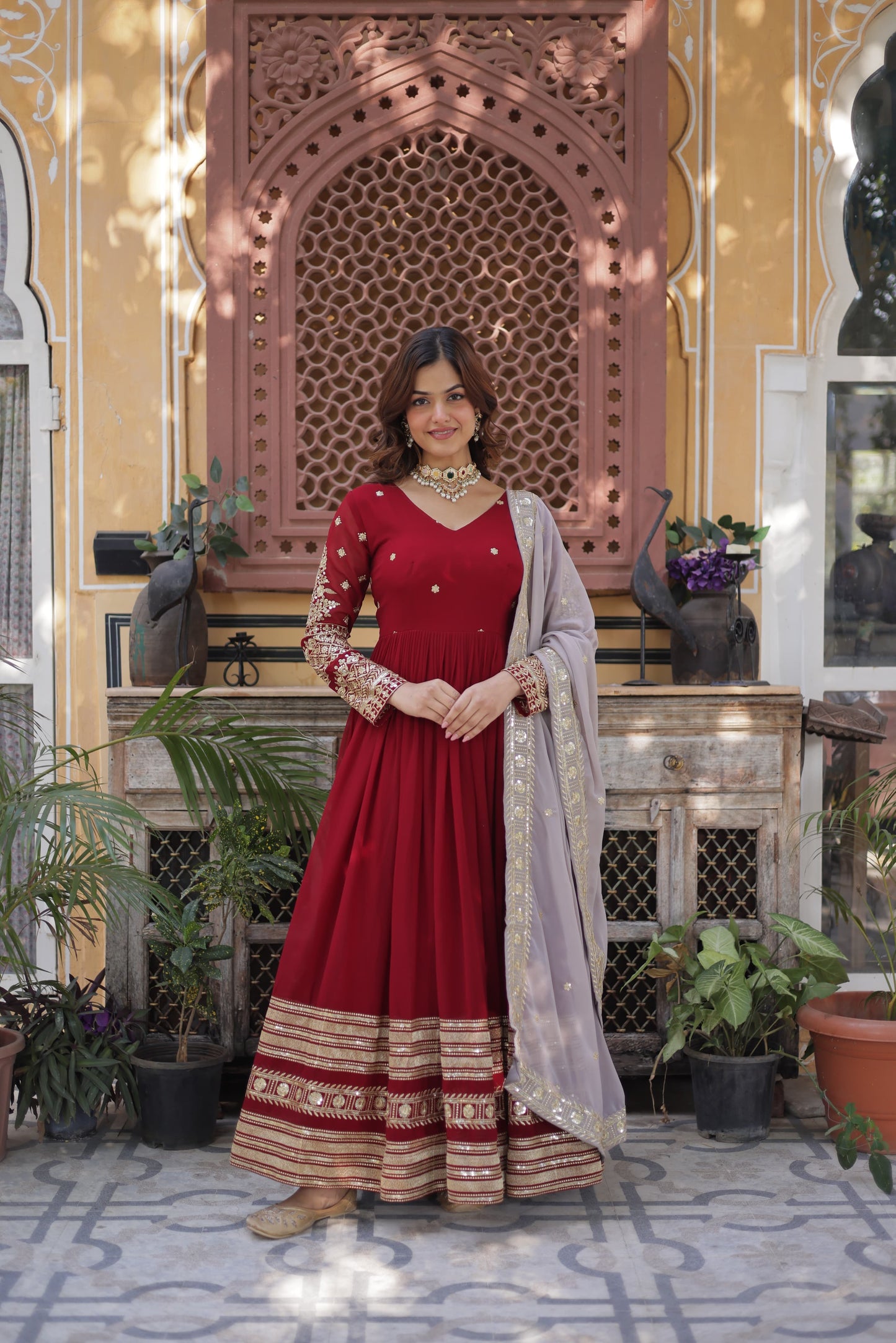 Crimson Red Flair Gown With Dupatta