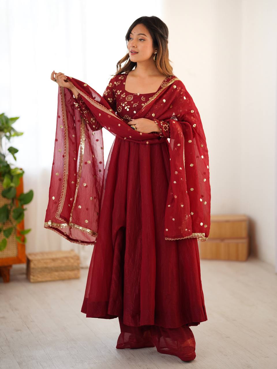 Deep Red Embroidered Flared Gown Set