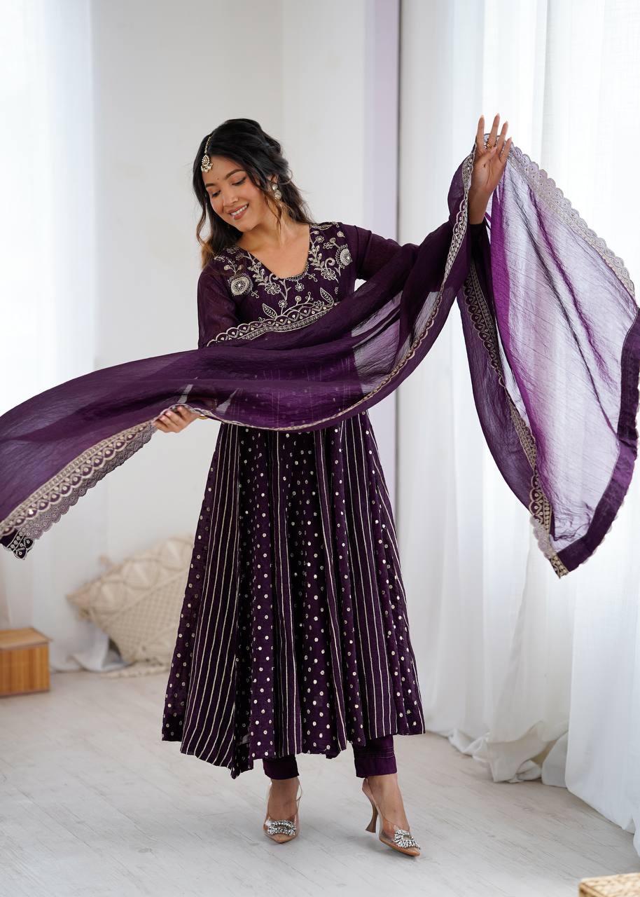 Purple Embellished Anarkali Gown Set