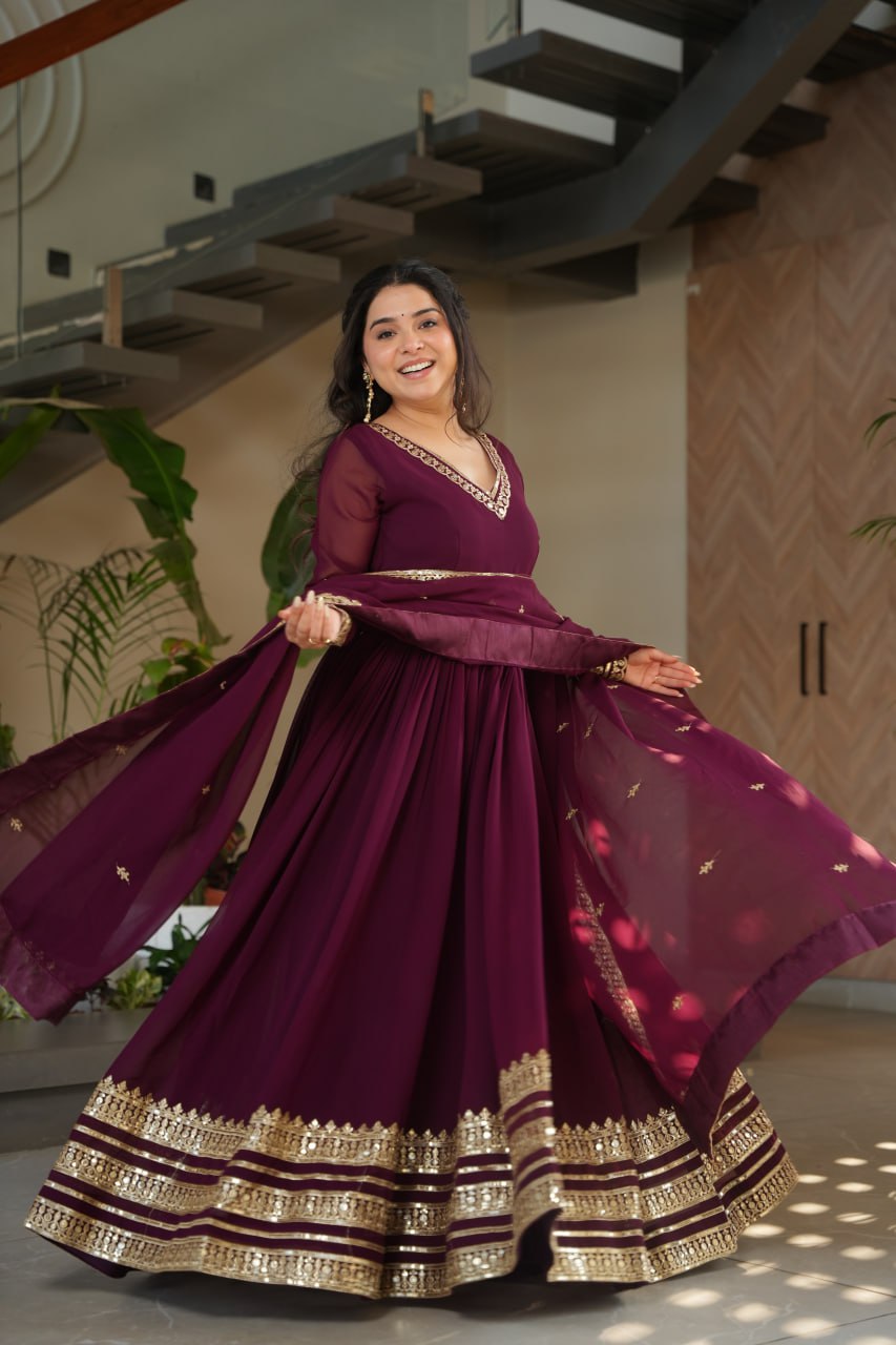 Blooming Gown Set with Embroidered Sequins-work