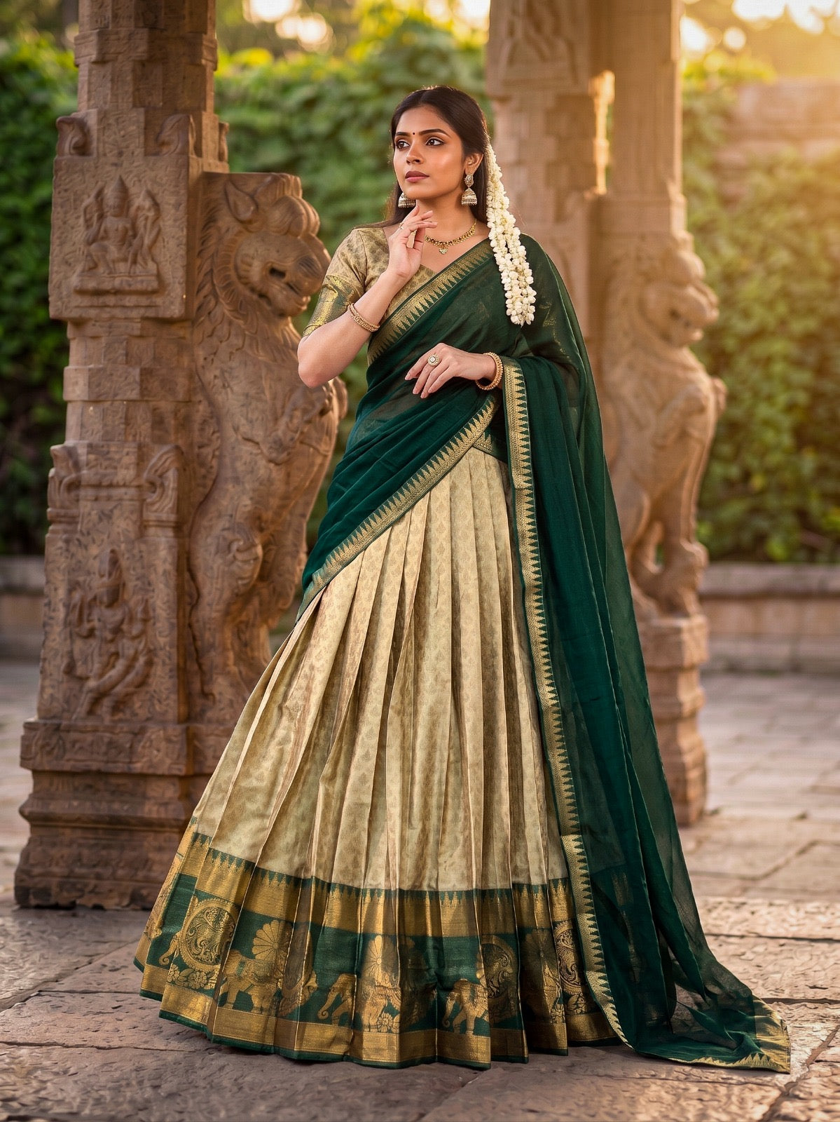 Beige Forest Green Half Saree