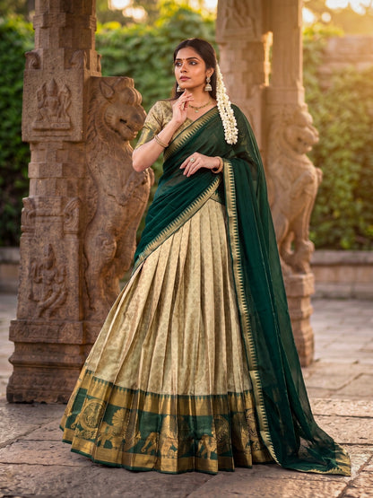 Beige Forest Green Half Saree