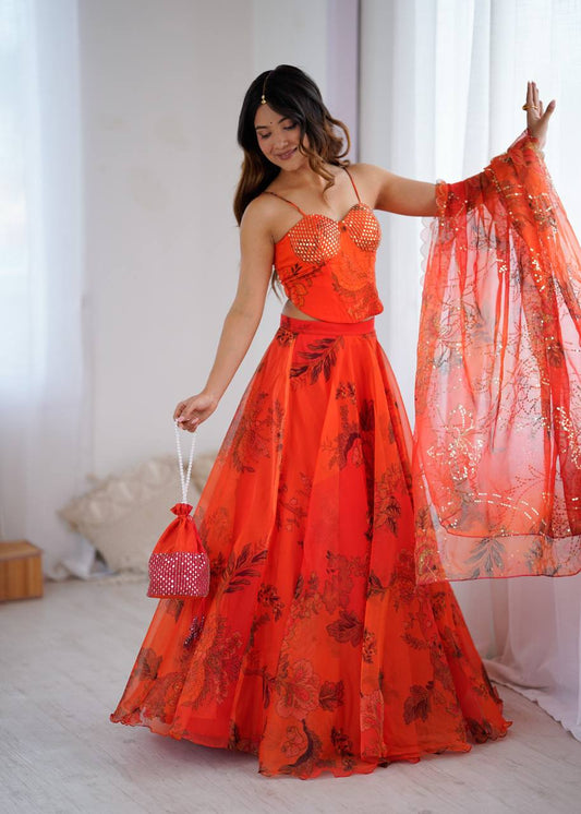Tangerine Digital Print Corset Lehenga
