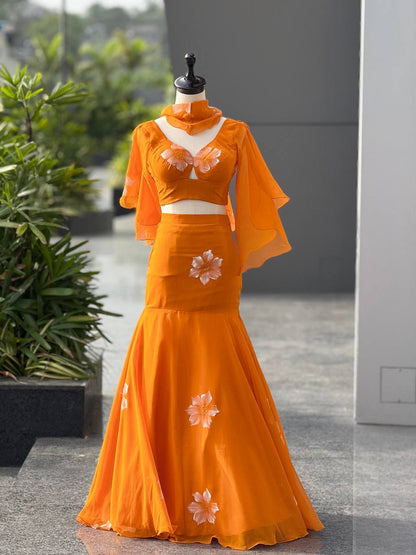 Orange Hand-Painted Fish-Cut Lehenga
