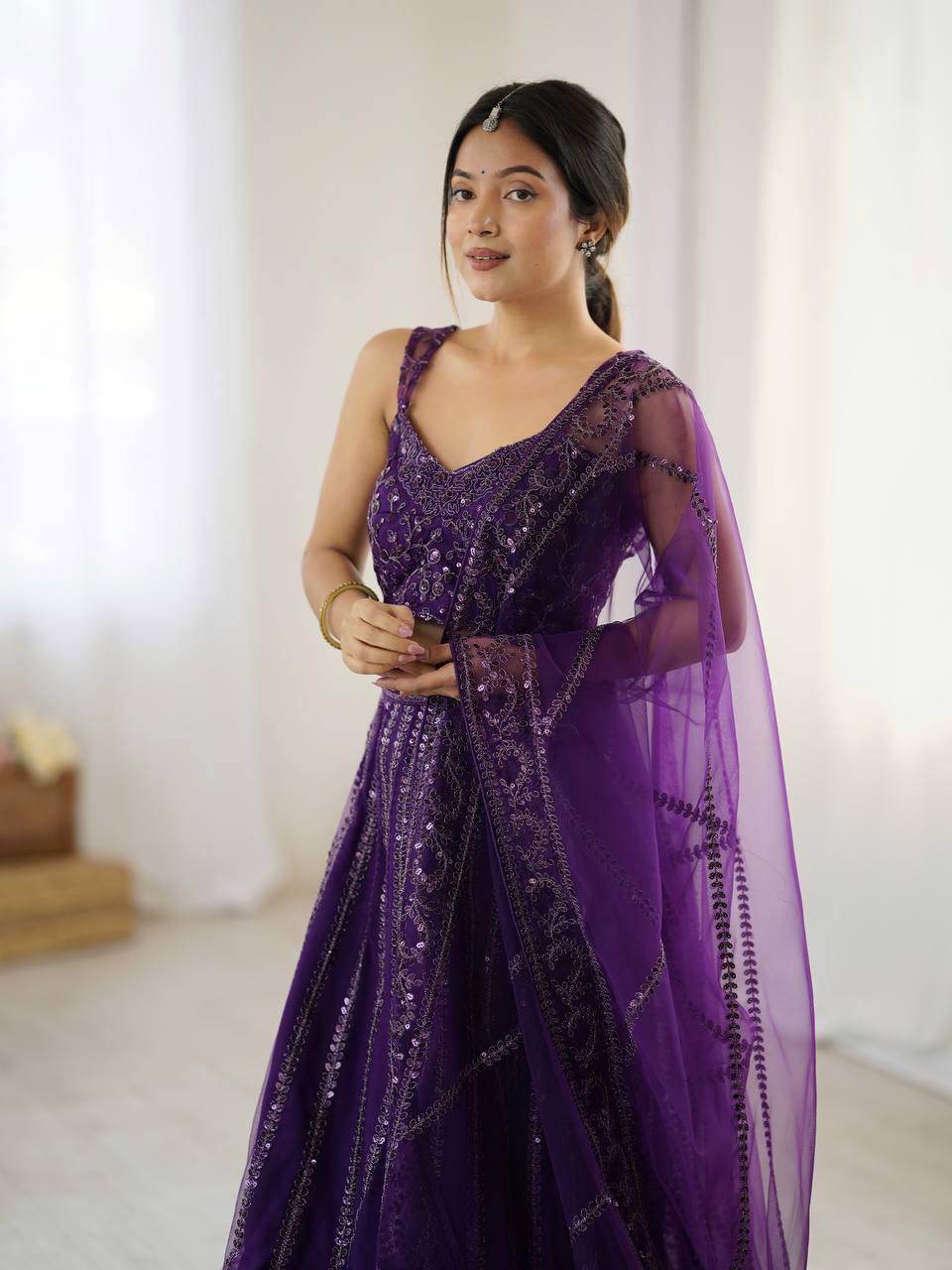 Purple Wave Sequins Lehenga Ensemble