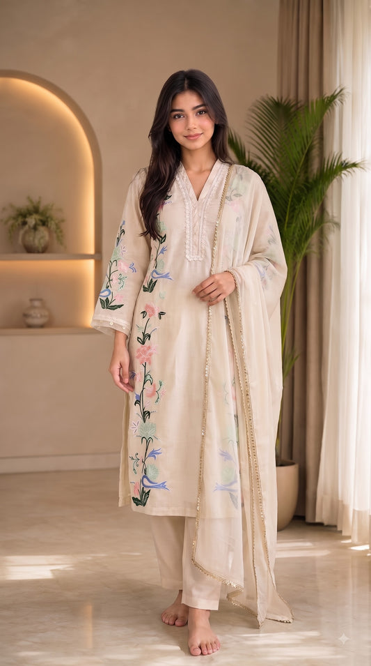 Ivory Bloom Embroidered Kaftan Set