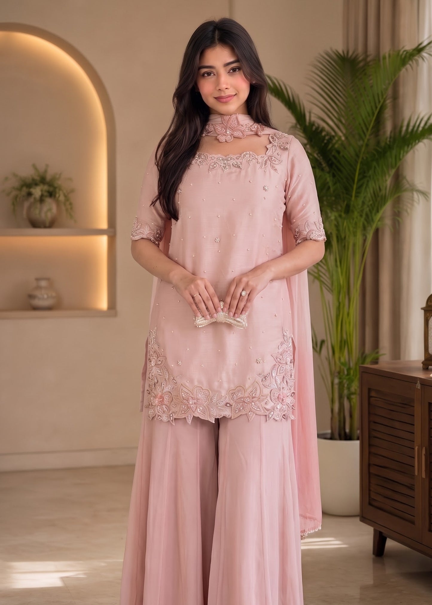 Pearl Petal Embroidered Sharara Ensemble