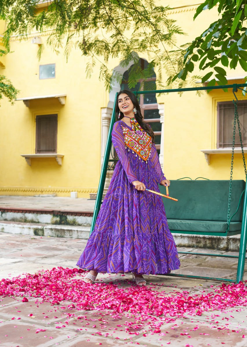 Patch Work Neck Bandhani Flared Gown