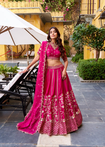 Golden Embroidered Rani Pink Lehenga