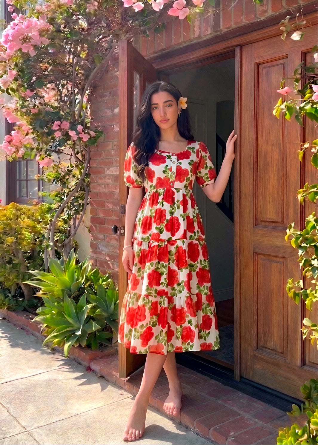 Classic Floral Twirl Midi Dress