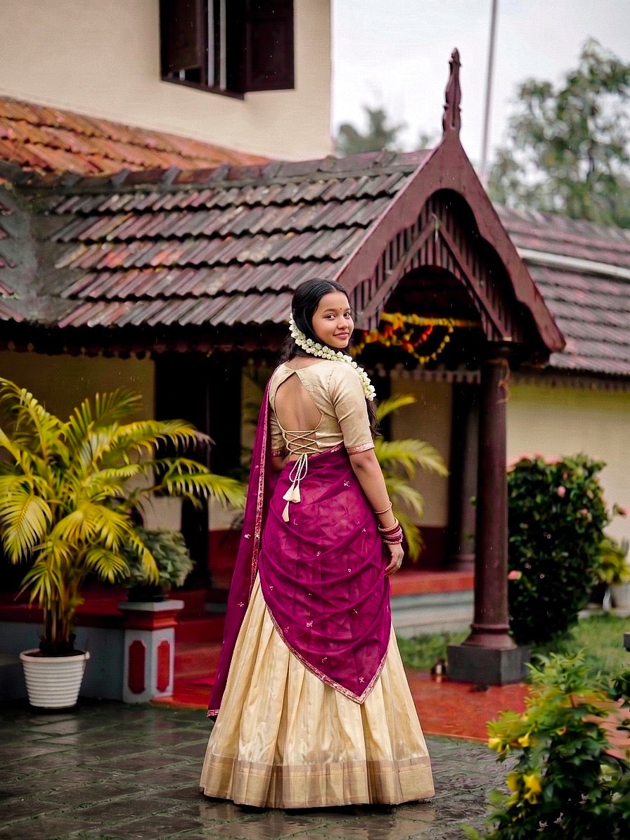 Cream Lehenga with Zari Border Dupatta