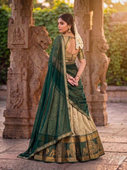 Beige Forest Green Half Saree